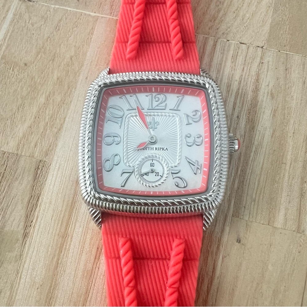 Judith Ripka ladies stainless steel and coral colored sporty watch NEW BATTERY